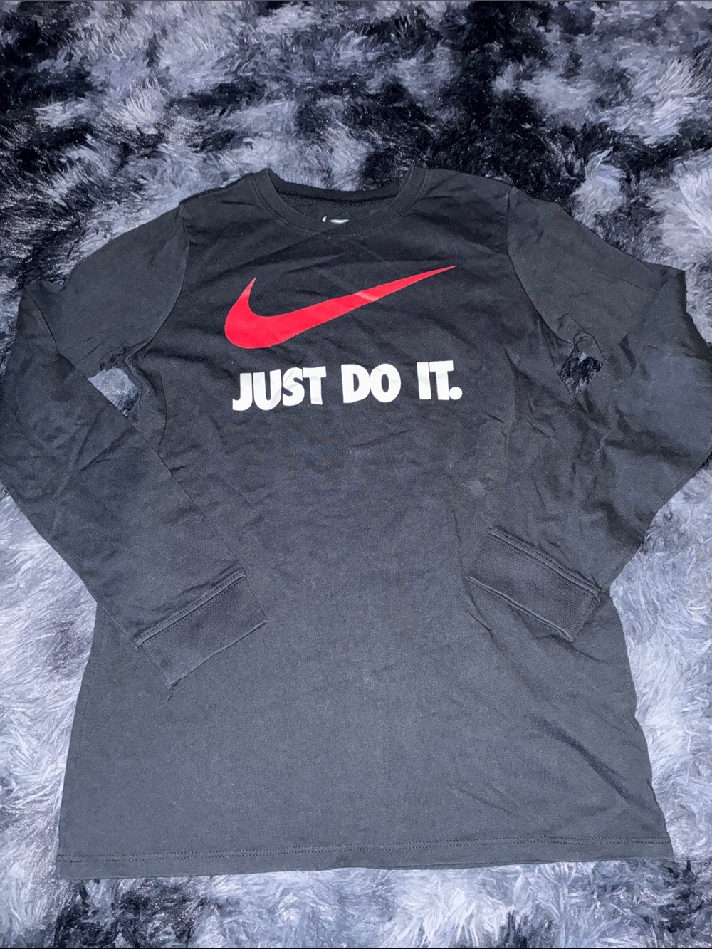 Nike Black Long-Sleeve Shirt with Red Swoosh and White 'Just Do It.' Youth L